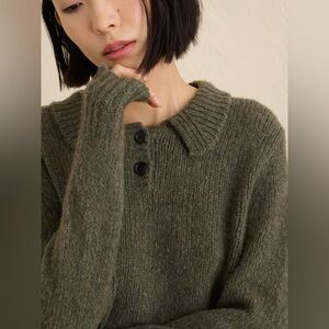Alex Mill Olive Green Ribbed Collar Button Pullover Sweater